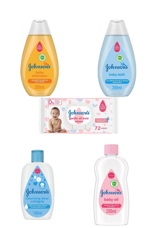 Shampoo 200 Ml +Baby bath 200 Ml +Oil 200 Ml +baby cologne Morning dew 100 Ml +wipes Johnson 72 pcs