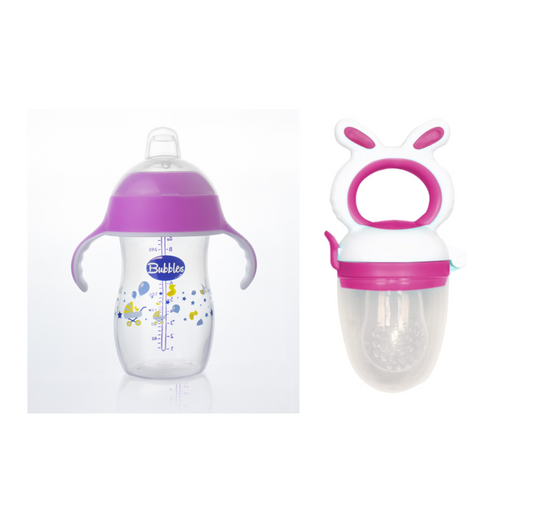 Bubbles Baby Set Natural Cup and Feeding Bottle 2 in 1 280ml Pink + Fruit Teether Pink