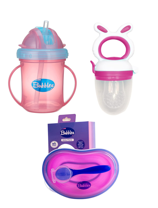 Bubbles Baby Set Baby Cup with Silicone Straw + Plate with Spoon and Cover + Fruit Teether Pink