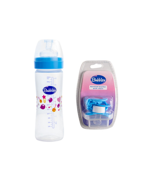 Bubbles Baby Set Classic Baby Bottle 270ml Blue + Pacifier With Chain Blue