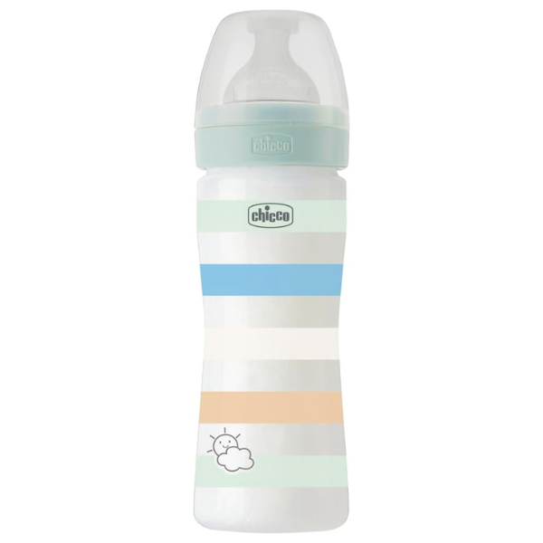 Chicco Well-Being Plastic Feeding Bottle for Boys 250ml, White/Green