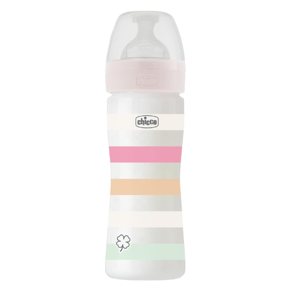 Chicco Well-Being Plastic Feeding Bottle for Girl, 250ml, White/Pink