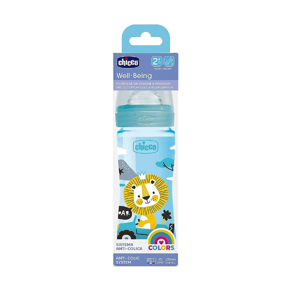 Chicco Well Being Silicone Bottle with Medium Flow Nipple, 250ml - Blue