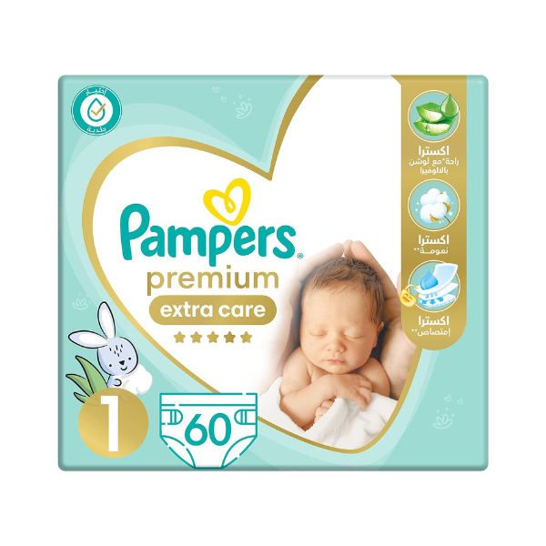 Pampers Premium Care Diapers, Size 1, New Born, 2-5 Kg , 60 Diapers