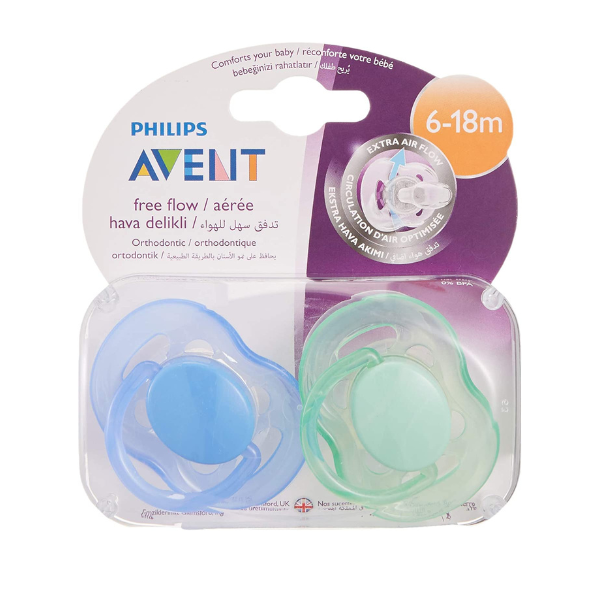 Avent 2 Free Flow Pacifier 6-18m, Blue and Green