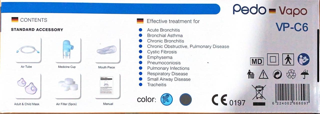 Pedo Vapo VP-C6 Piston Compressor Nebulizer for Aerosol Therapy | Effective for Asthma, Bronchitis, COPD, & More | Includes Masks & Accessories | Compact Design | 2-Year Warranty